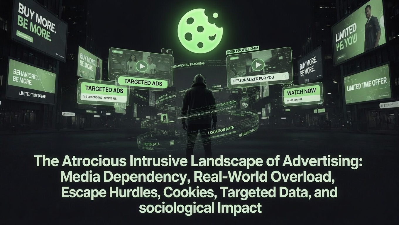 The Atrocious Intrusive Landscape of Advertising: Media Dependency, Real-World Overload, Escape Hurdles, Cookies, Targeted Data, and Sociological Impact